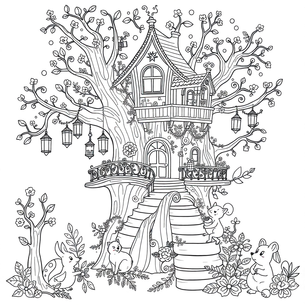 a magical treehouse filled with fantasy elements like floating lanterns, a bridge made of rainbows, and friendly forest animals playing instruments