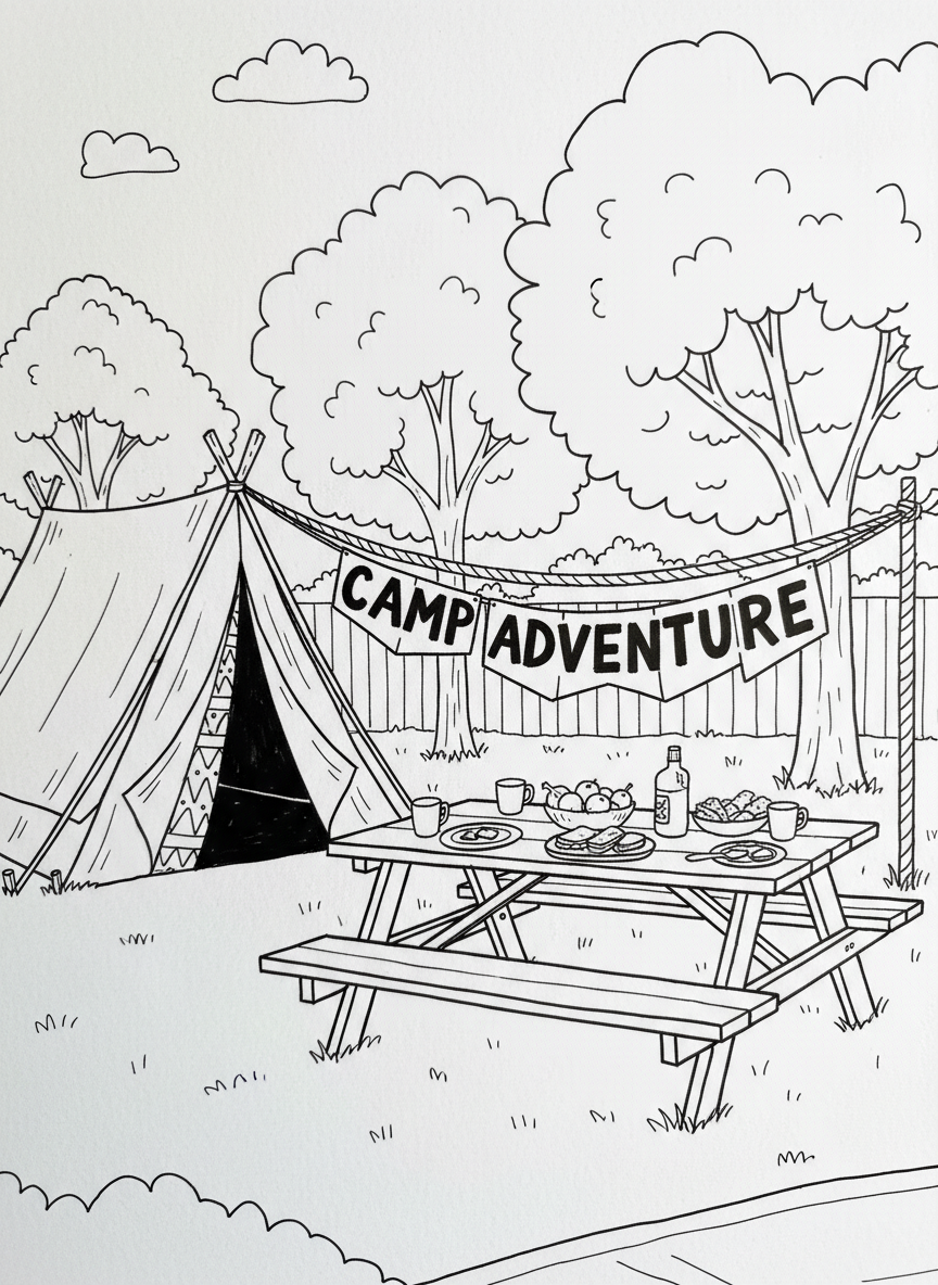 Wide backyard scene showing a tent, picnic table with snacks, and a clothesline with a banner that says 'Camp Adventure'.