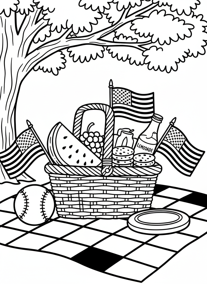 A picnic basket overflowing with summer treats, surrounded by American flags, a baseball, and a frisbee on checkered blanket