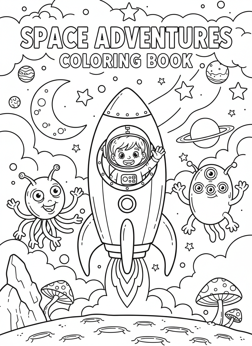 Space explorers coloring book cover, full-color illustration with a kid astronaut, friendly aliens, and a cartoon rocket against a starry sky. Title-safe area at top.