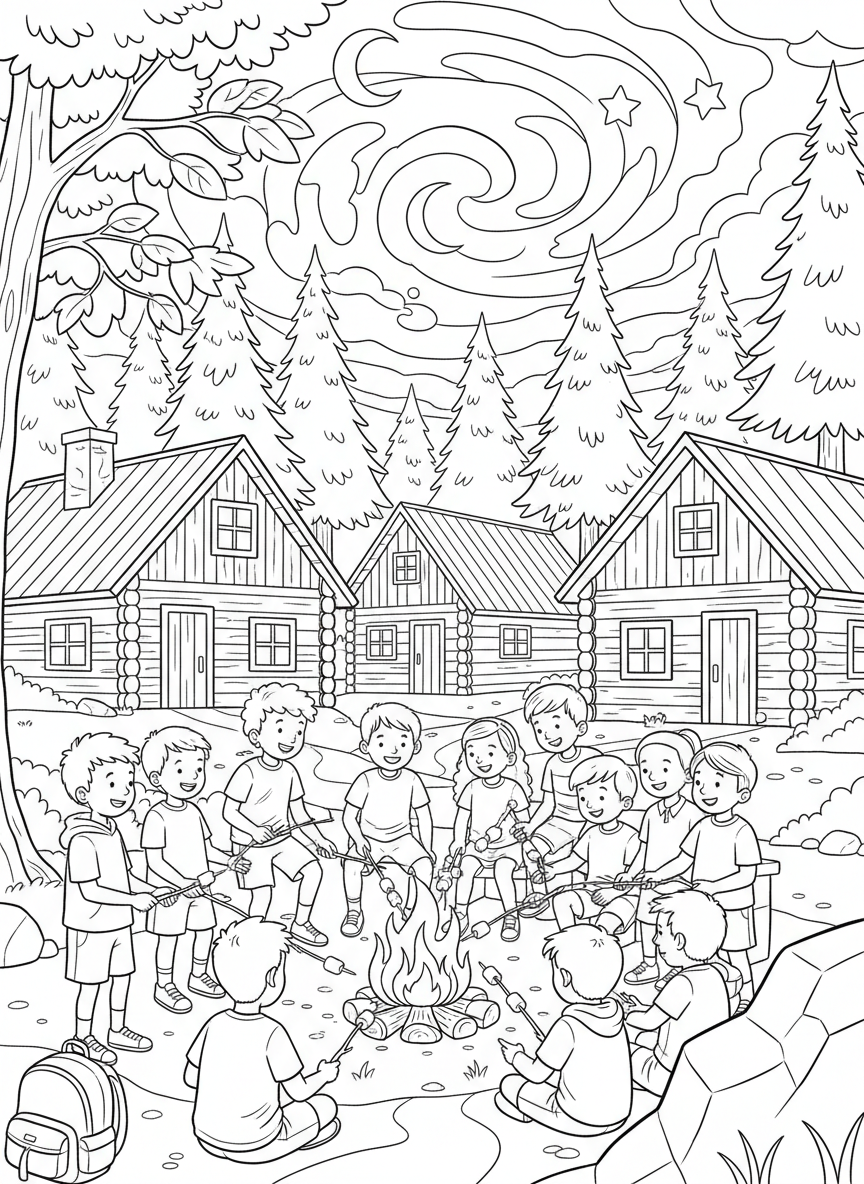 Summer Camp coloring page prompts capturing outdoor fun, friendships, cabins, and memorable childhood adventures.	Campers gathering outdoors for an evening activity as the sky begins to darken.