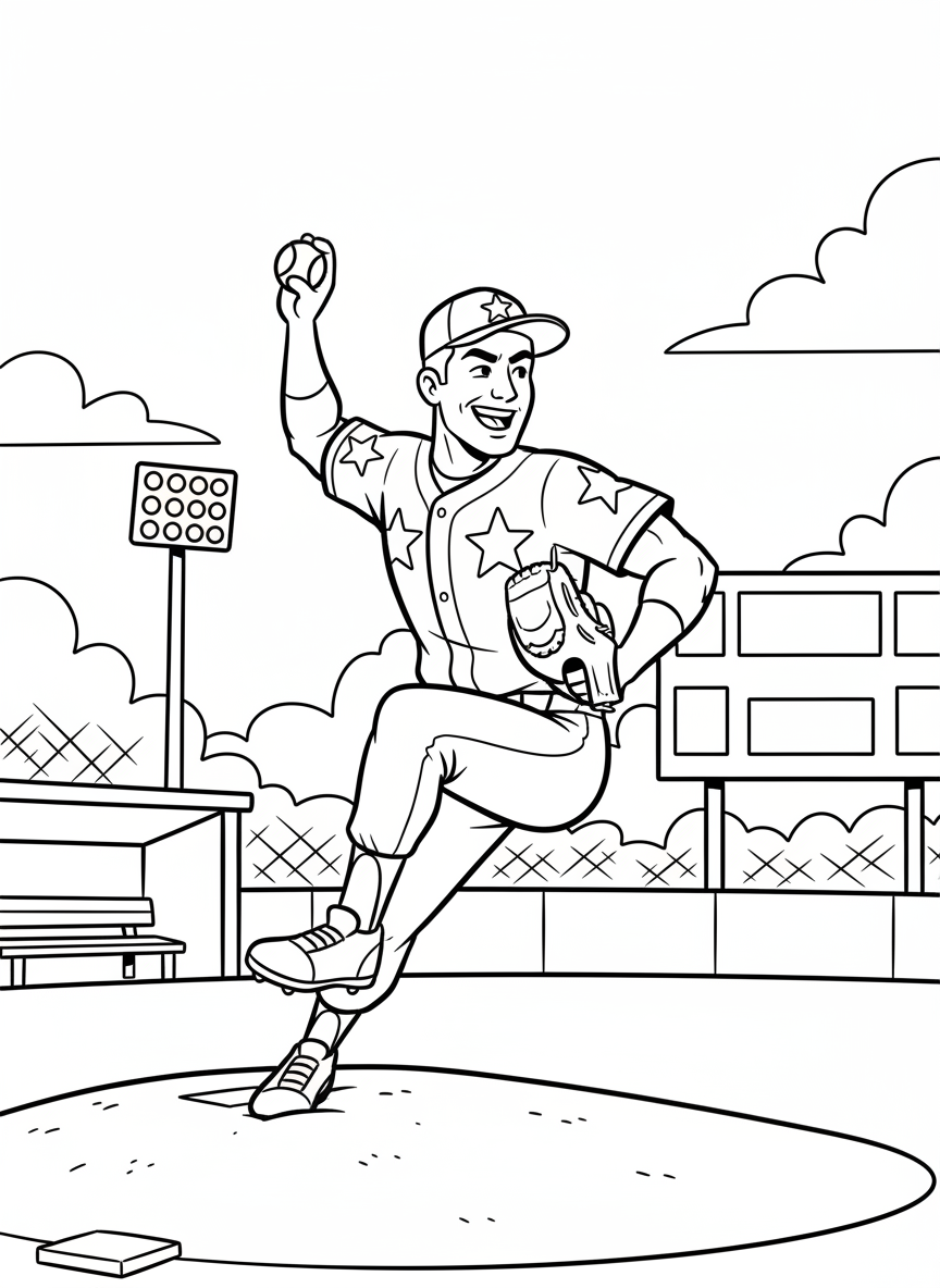 A smiling baseball pitcher winding up on the mound, wearing a cap and uniform with stars on the jersey, ready to throw the ball.