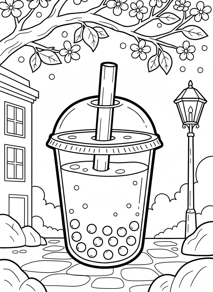 A simple bubble tea cup with a dome lid, thick straw, and visible layers of tea and milk, easy for beginners