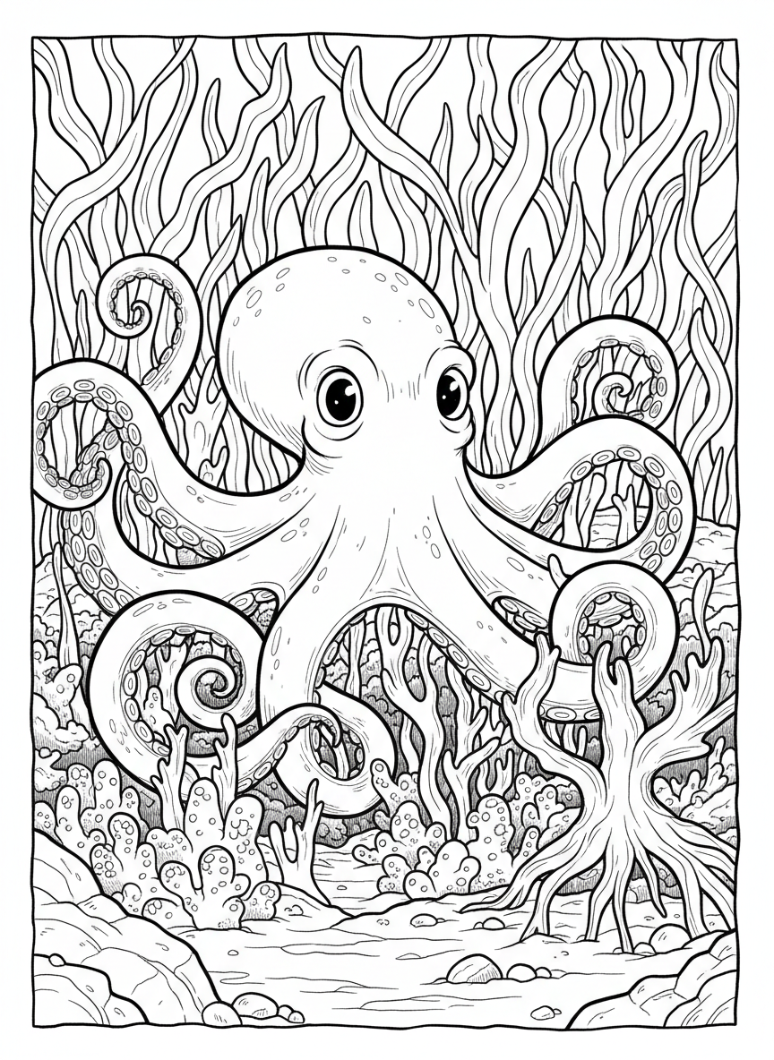 A friendly octopus with curling tentacles resting among kelp holdfasts and colorful coralline algae on the ocean floor