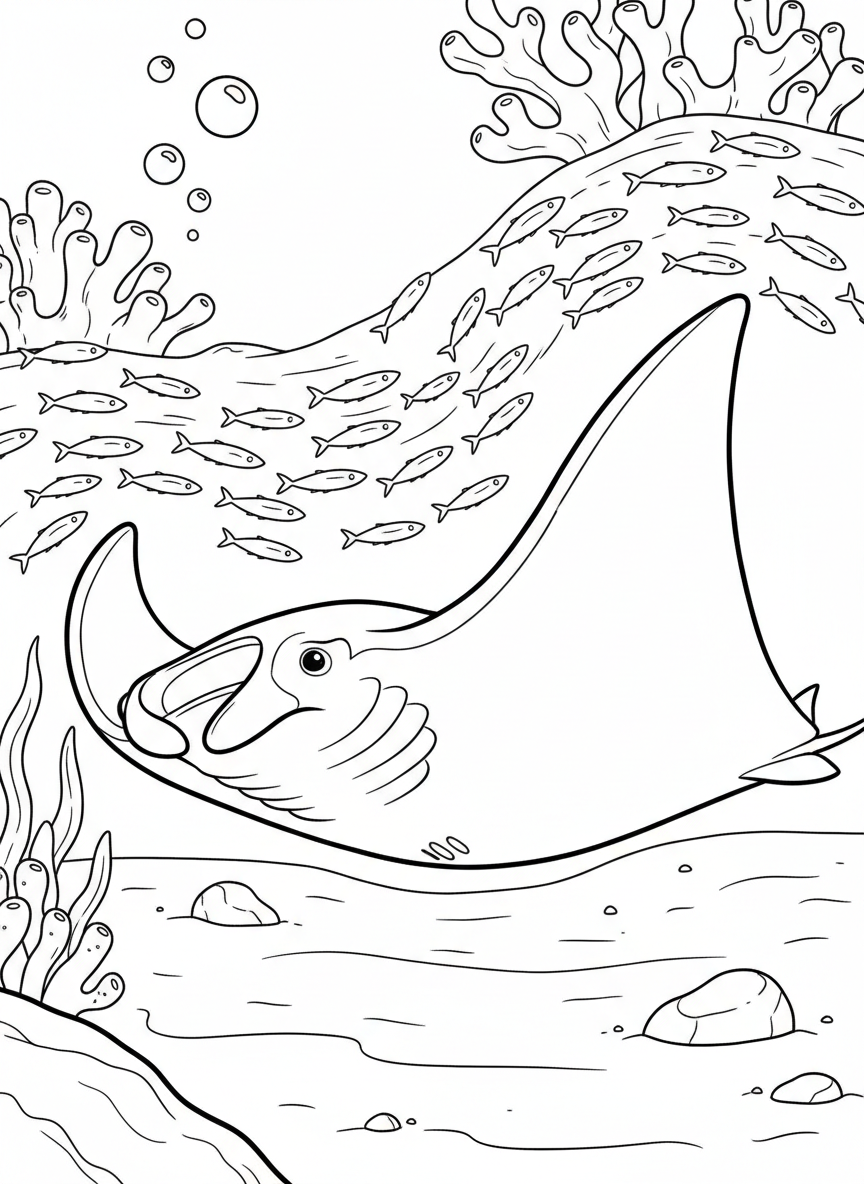 A manta ray gliding smoothly over a sandy ocean floor, with its wide wings spread and small fish swimming below.