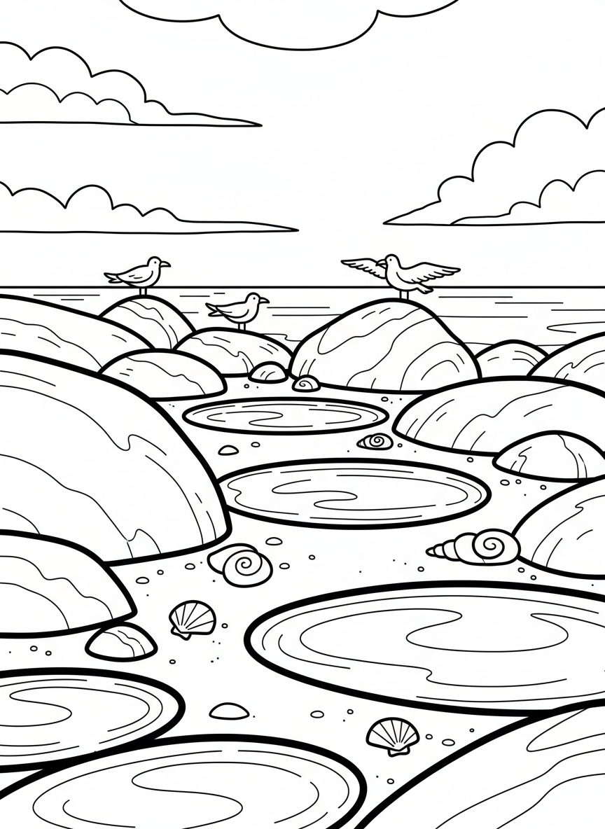 A peaceful rocky shore scene with tide pools reflecting the sky, scattered shells, and a few seabirds in the distance.