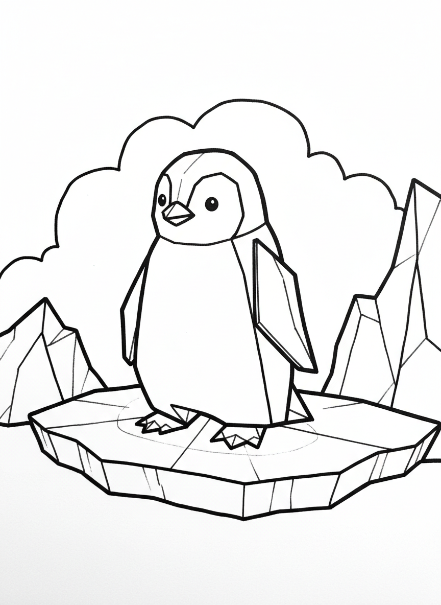 An origami penguin standing on an ice floe, featuring black and white fold sections, flippers at sides, and cute waddle pose.