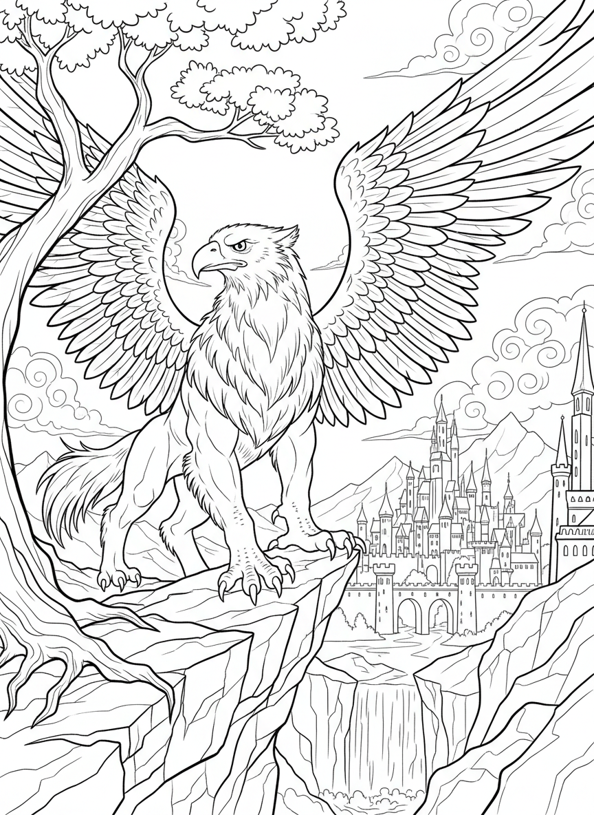 A majestic griffin with eagle head and lion body standing proudly on a cliff overlooking a fantasy kingdom.