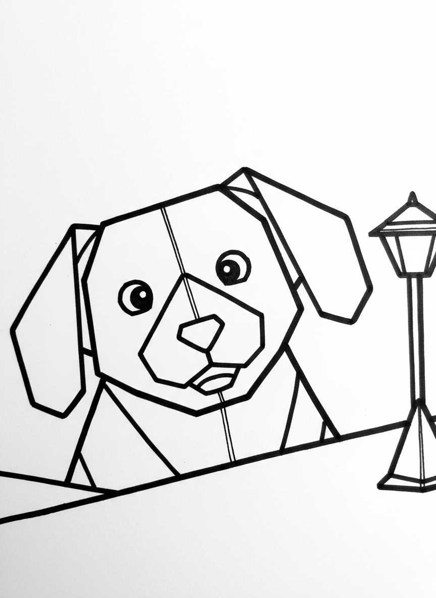 A playful origami puppy dog face with floppy ears, showing simple triangular folds and a cute expression, perfect for beginners.