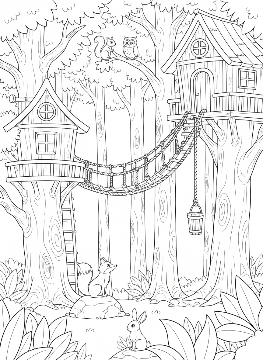 Two treehouses at different heights connected by an upward-sloping rope bridge, a bucket pulley system, forest animals watching
