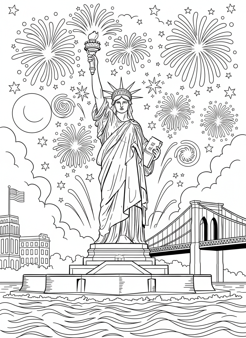 The Statue of Liberty holding her torch high with fireworks bursting in the sky behind her, patriotic landmark scene