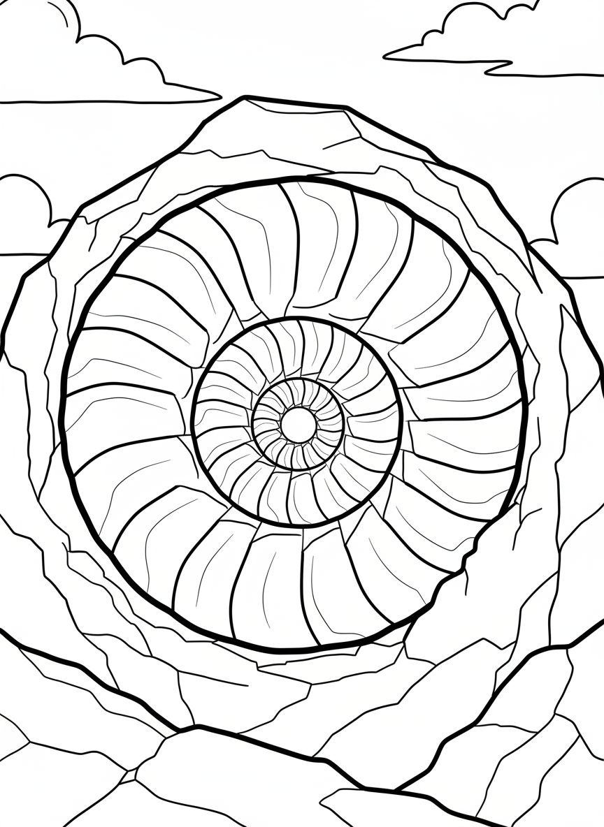 A large spiral ammonite fossil embedded in a rock, showing detailed ridges and chambers, simple line art perfect for coloring