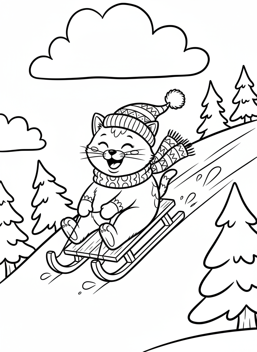 A cat wearing a winter hat and scarf, riding a sled down a hill with a big smile, simple and fun composition for young children.
