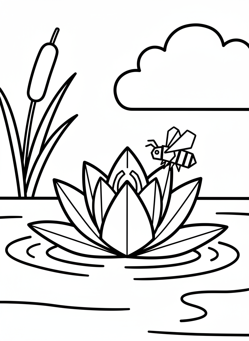 An origami water lily with pointed petals and a small origami bee landing on it, simple composition for young kids