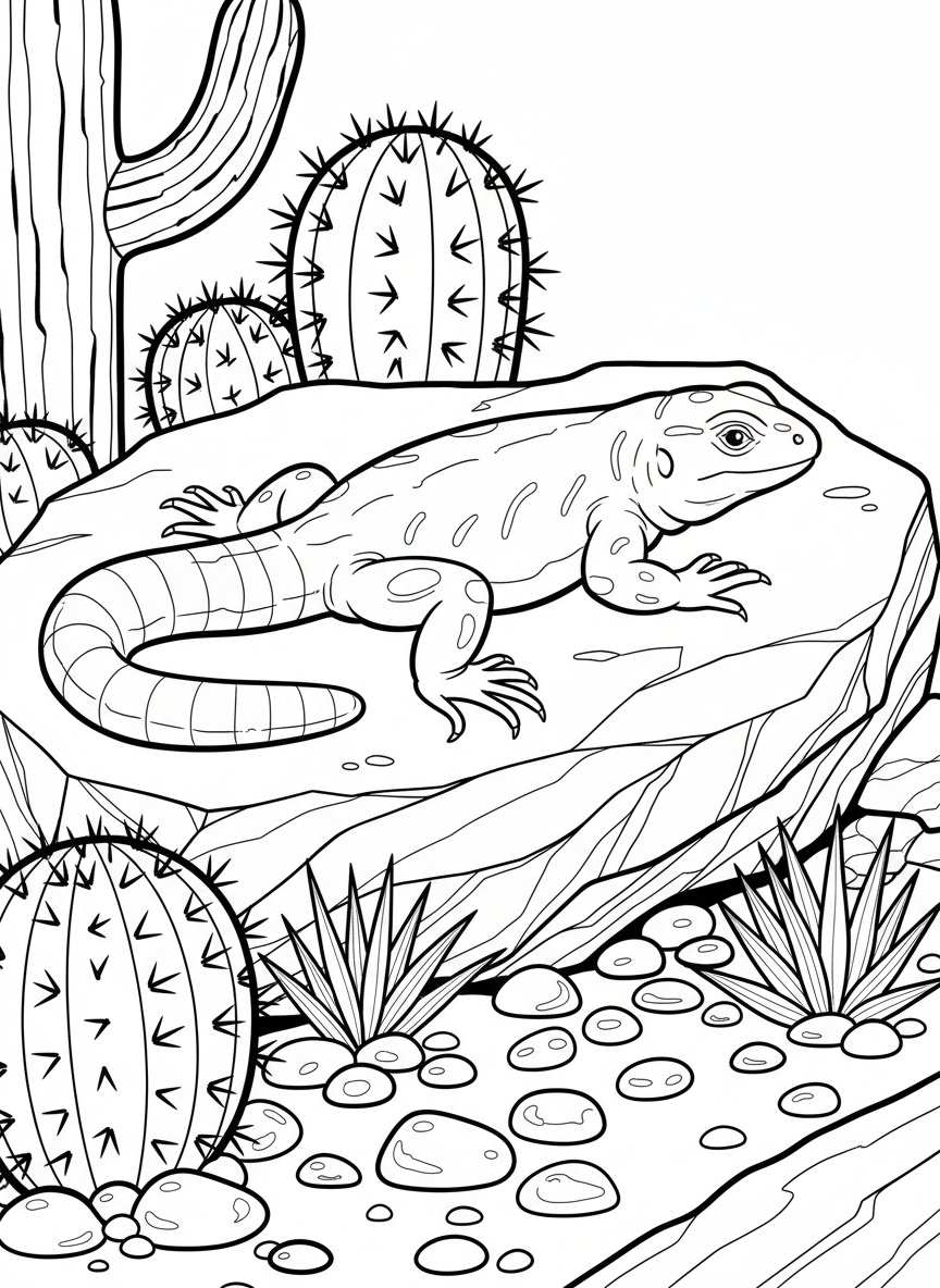 A lizard sunbathing on a flat rock surrounded by barrel cacti, pebbles, and small desert plants