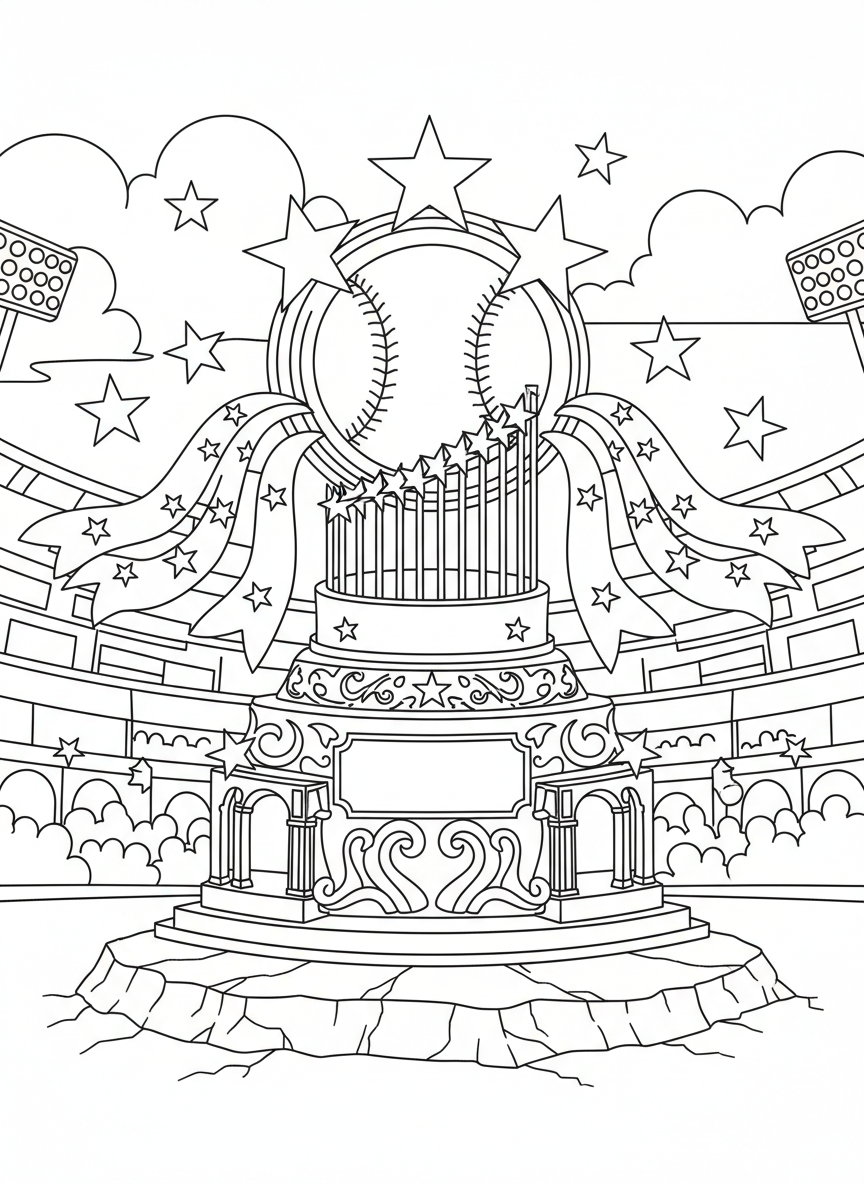 The baseball All Star Game trophy on a pedestal with stars and ribbons around it, decorative base with space for details.