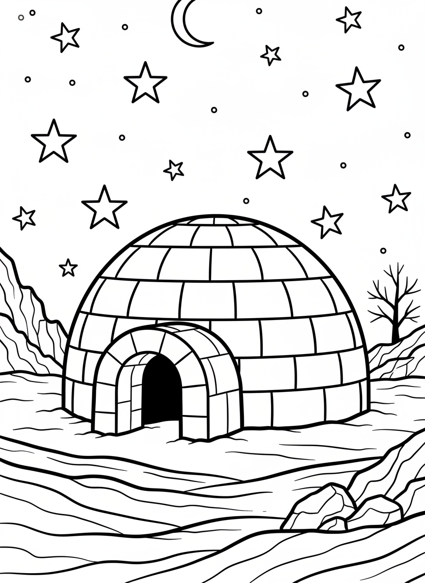 An igloo made of ice blocks with an arched entrance, sitting on a snowy landscape under stars
