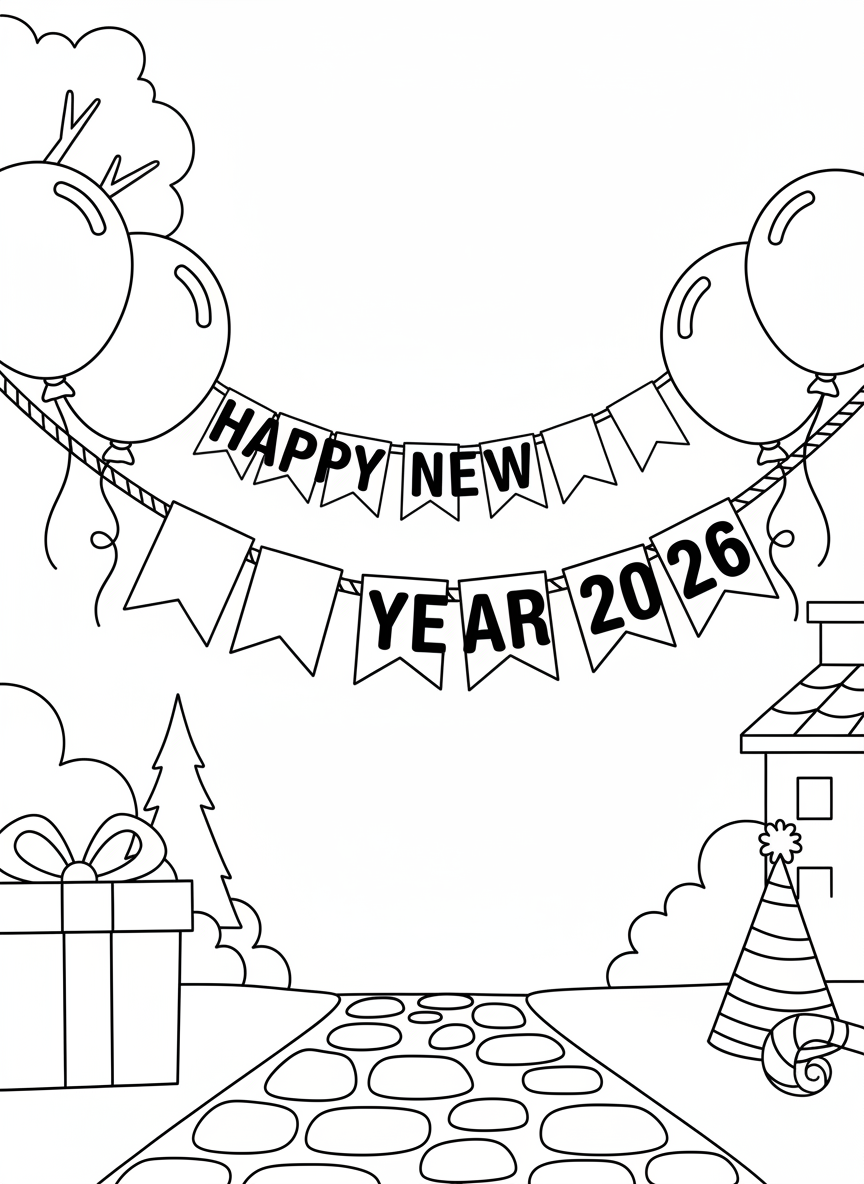A decorative banner with triangular flags spelling 'HAPPY NEW YEAR 2026' strung across the page with balloons tied to each end.