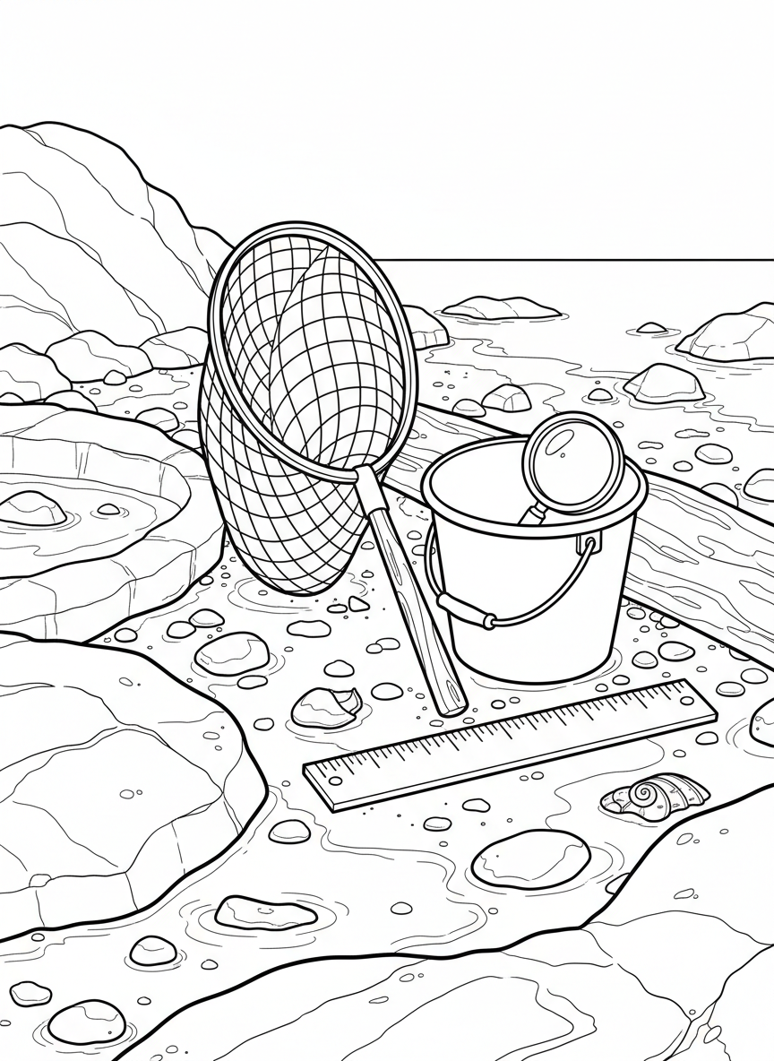 A collection of tide pool tools arranged neatly: net, bucket, magnifying glass, and measuring ruler, ready for exploration.