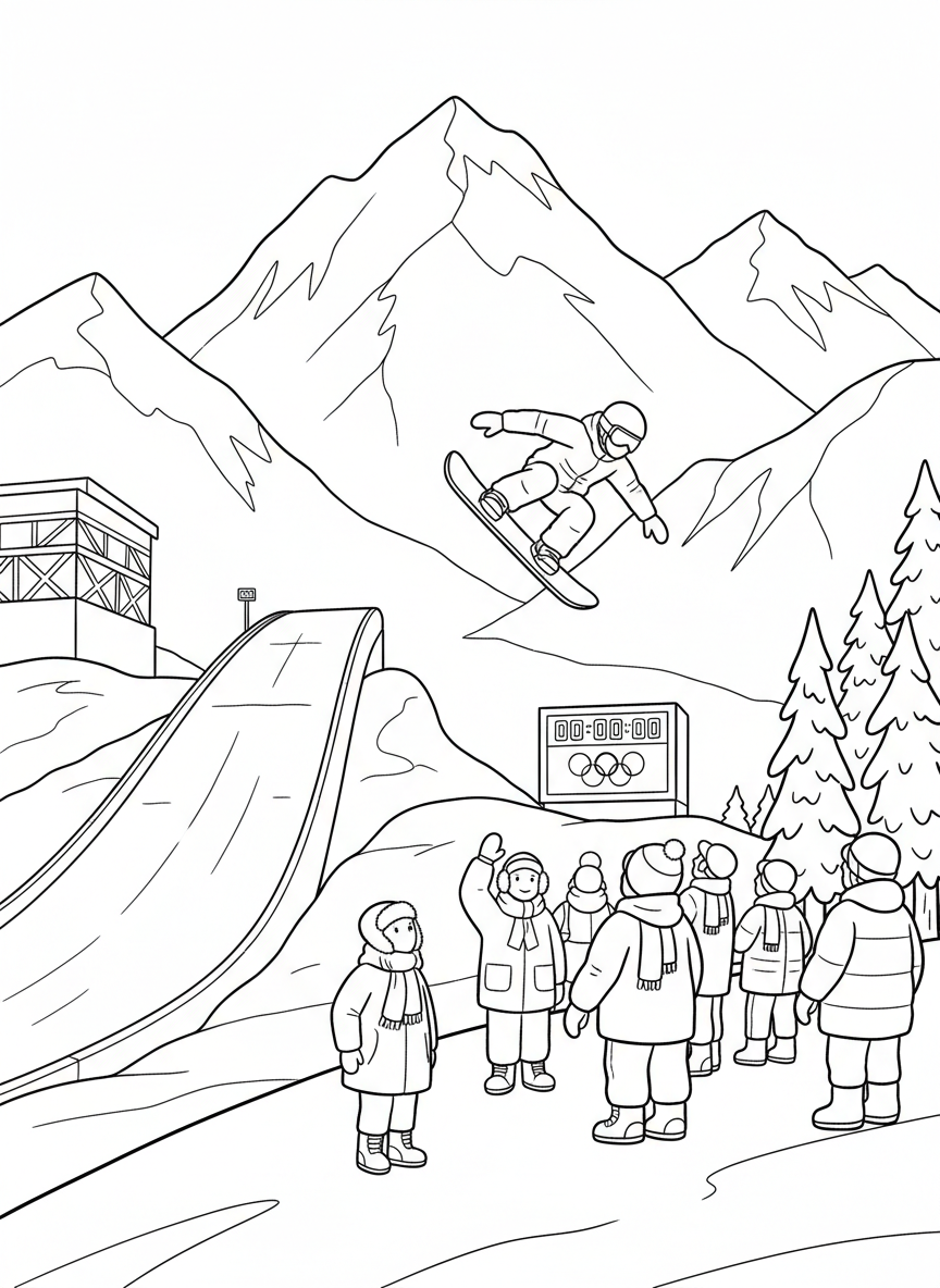 Winter Olympics coloring page prompts capturing snowy venues, cold-weather sports, and dramatic winter competition.	A snow-covered Olympic venue nestled among mountains, spectators bundled in winter gear as athletes prepare to compete.