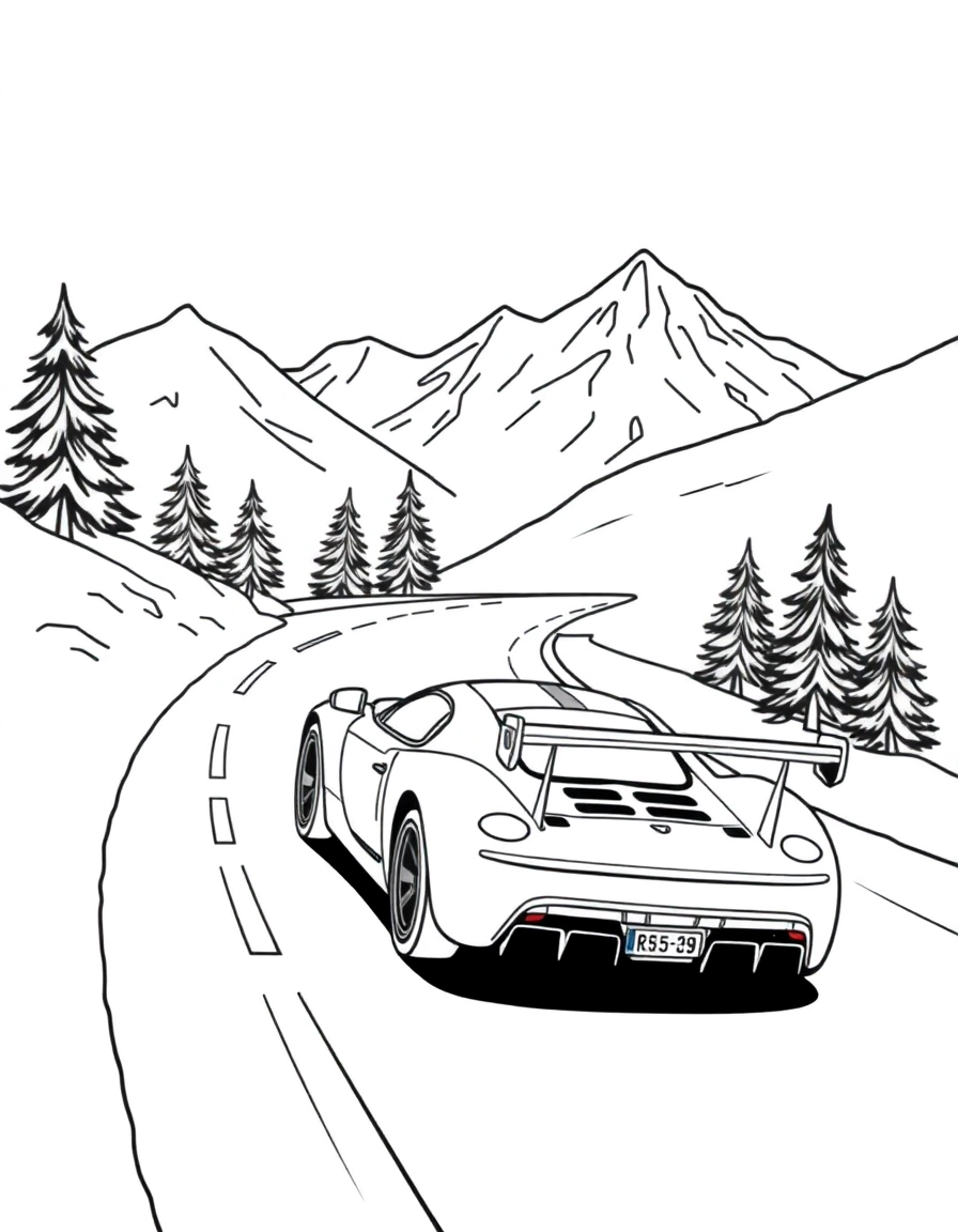 A race car speeding on a winding mountain road, with pine trees and snow-capped peaks in the background