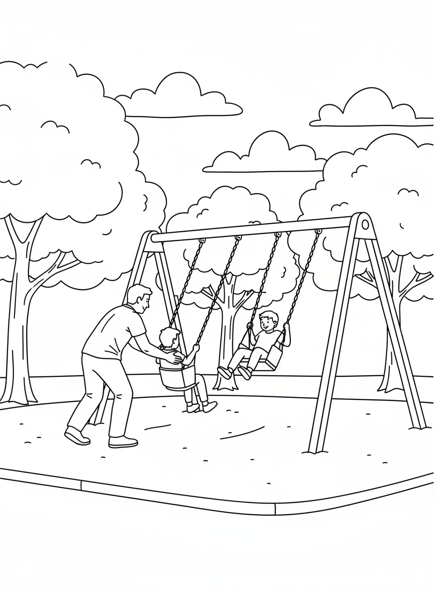 A dad pushing children on a playground swing set, with trees and clouds in the background.