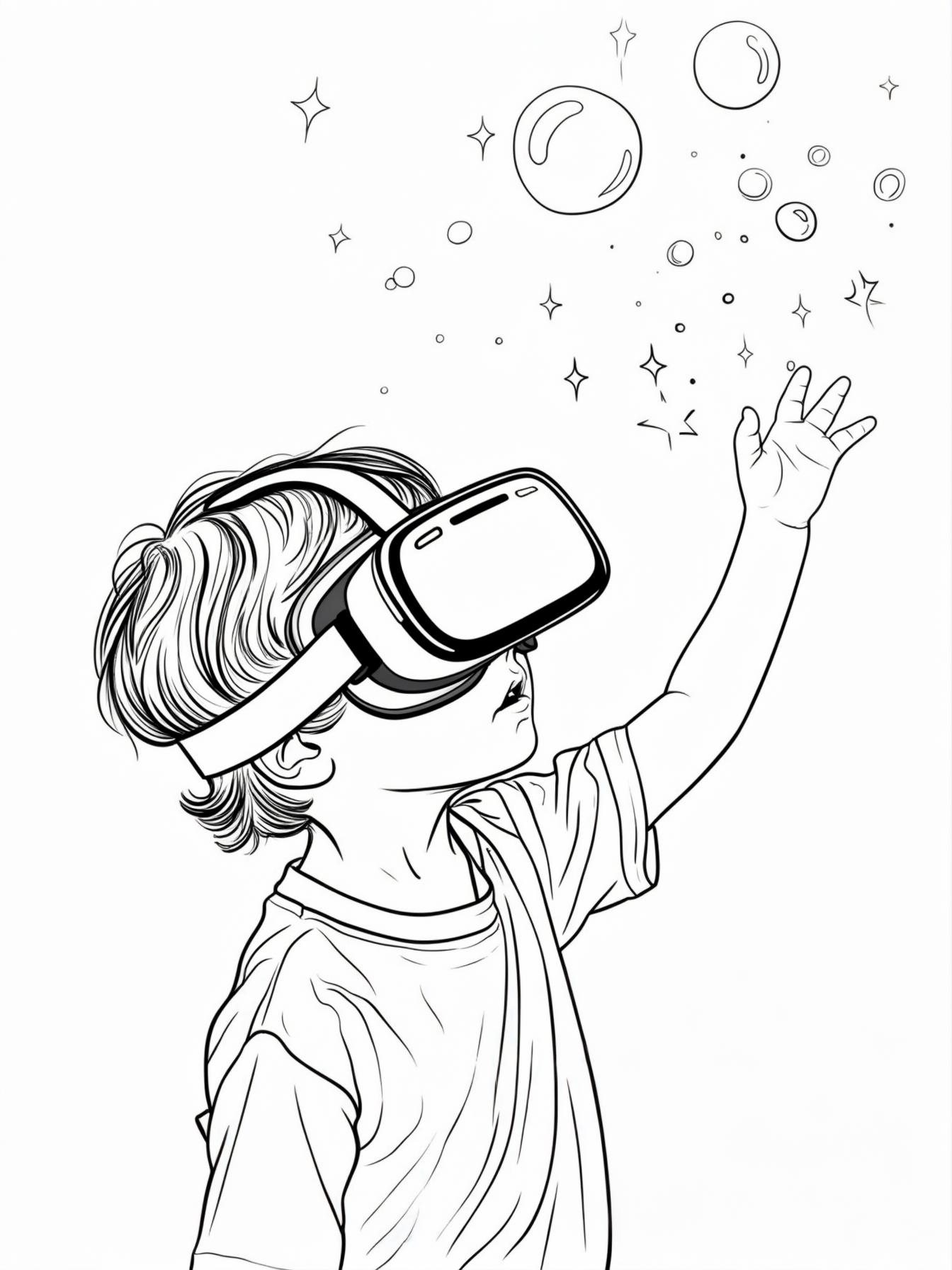 VR Adventure: A child wearing a VR (Virtual Reality) headset, reaching out to touch floating, imaginary bubbles and stars.