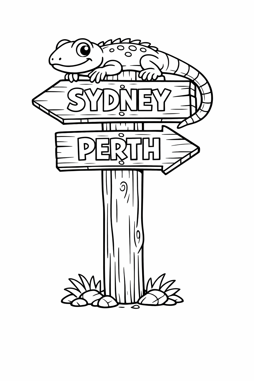 Outback Sign: A wooden signpost pointing to different Australian cities (Sydney, Perth) with a lizard resting on top.