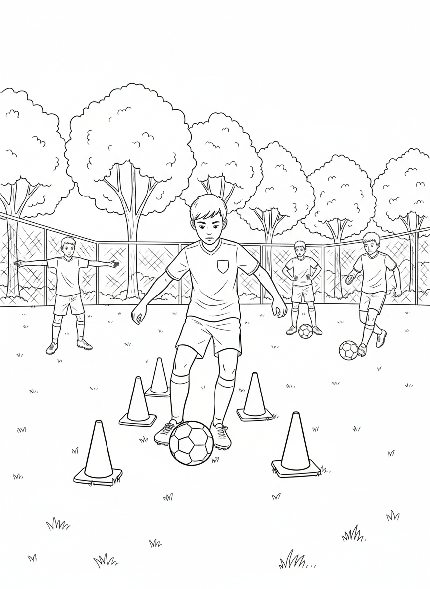 A young player dribbling a soccer ball around training cones on a practice field, focused and determined