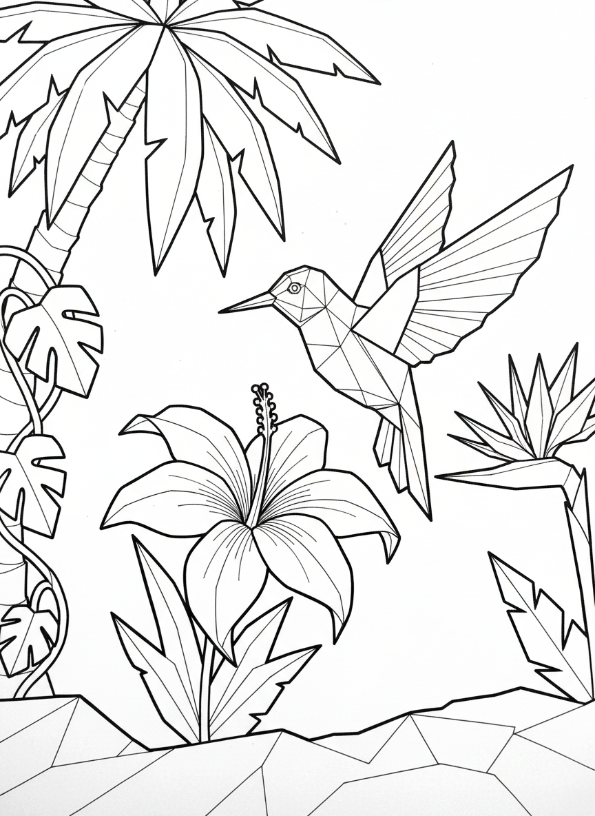 An origami hummingbird hovering near a large paper-folded tropical flower, with pointed beak and geometric wing shapes.
