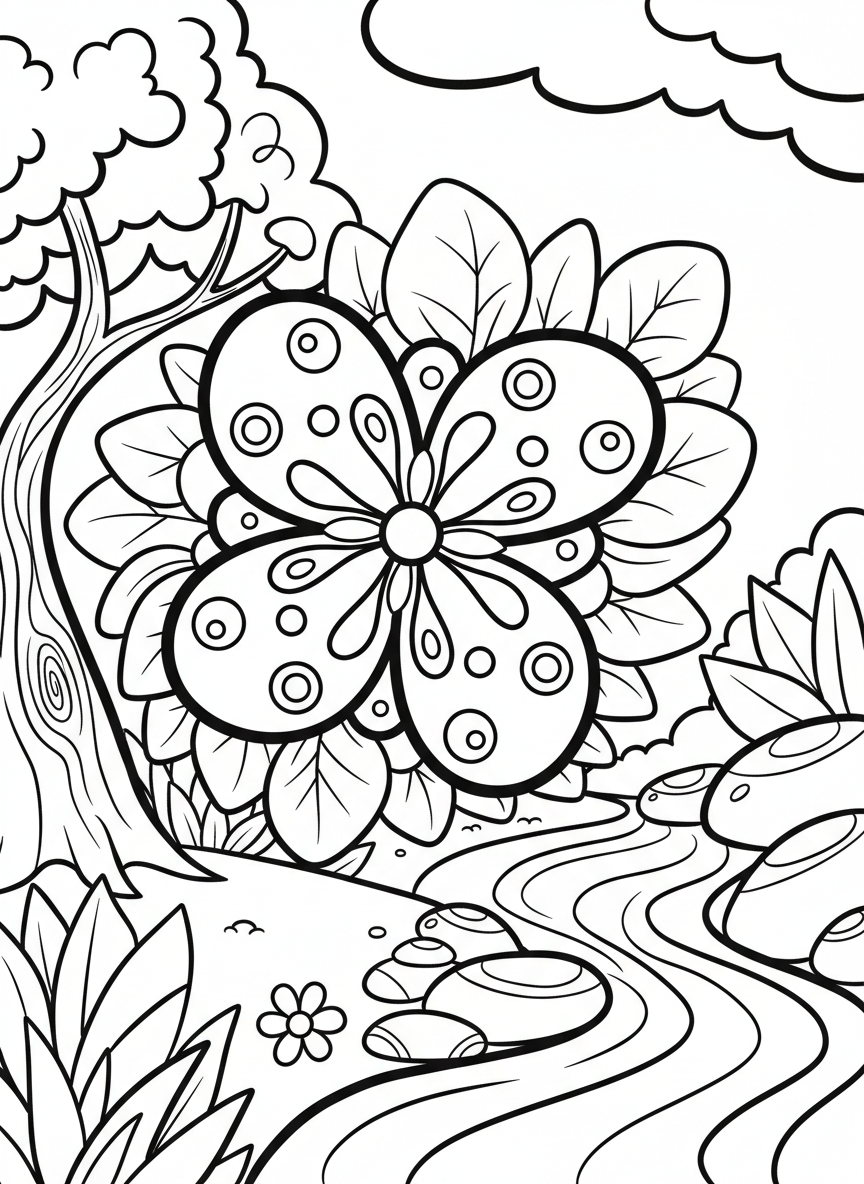A kid-friendly mandala featuring large butterfly shapes arranged in a circle, with simple wing patterns and rounded edges