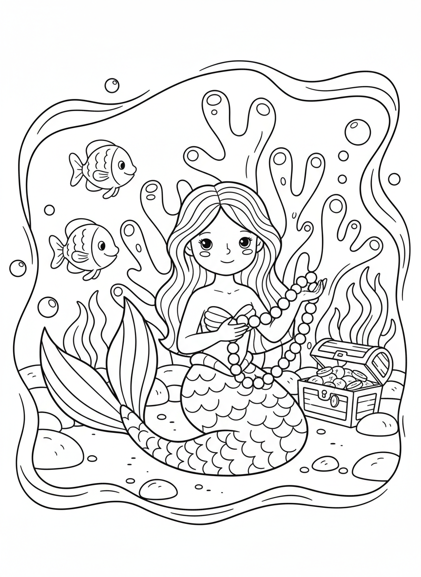 Young mermaid playing with a strand of pearls, simple smiling expression, sitting cross-legged with tail fins spread, easy coloring page with minimal details