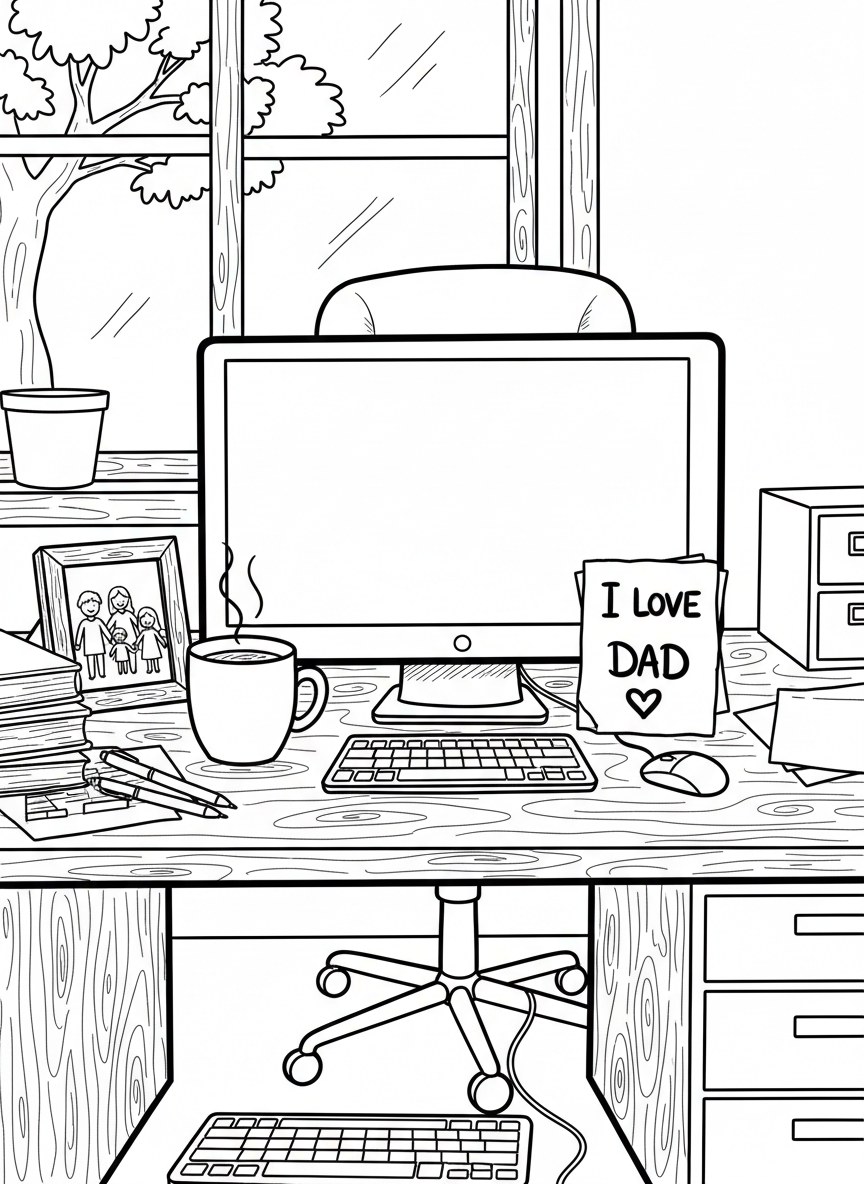A father's work desk with a framed family photo, coffee cup, computer, and a handmade 'I Love Dad' card