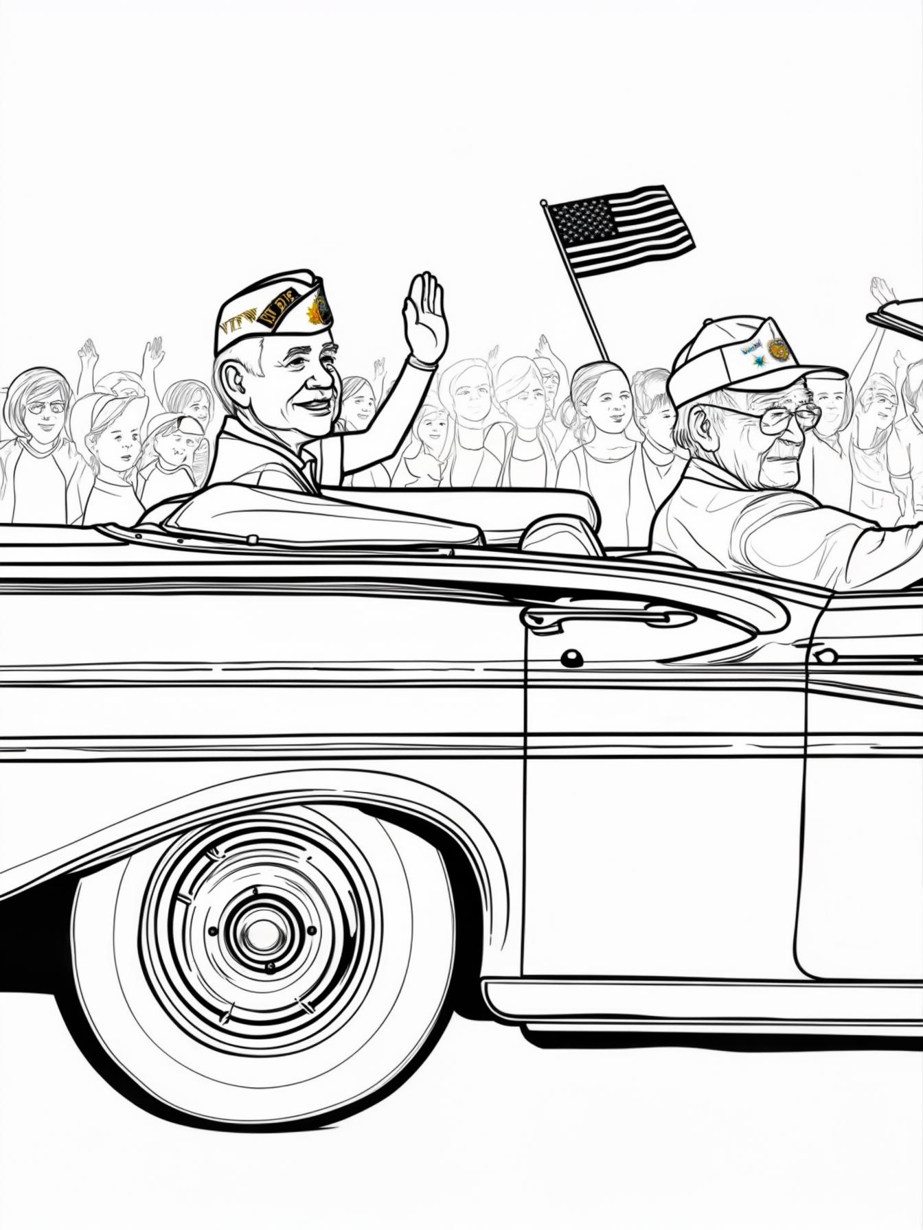 The Local Parade's Classic Car A 1960s convertible car, viewed from the side, as if in a small-town parade. An elderly veteran sits in the back seat, wearing his VFW or American Legion service cap. He is waving a small flag to an unseen crowd. The car's shiny chrome and hubcaps provide great detail.