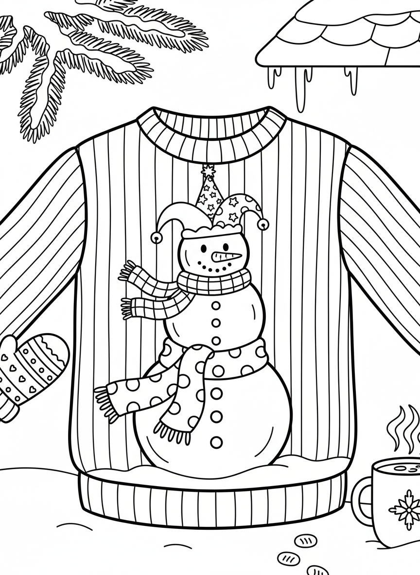 A festive sweater with three stacked snowmen of different sizes across the chest, each wearing a different silly hat and scarf.
