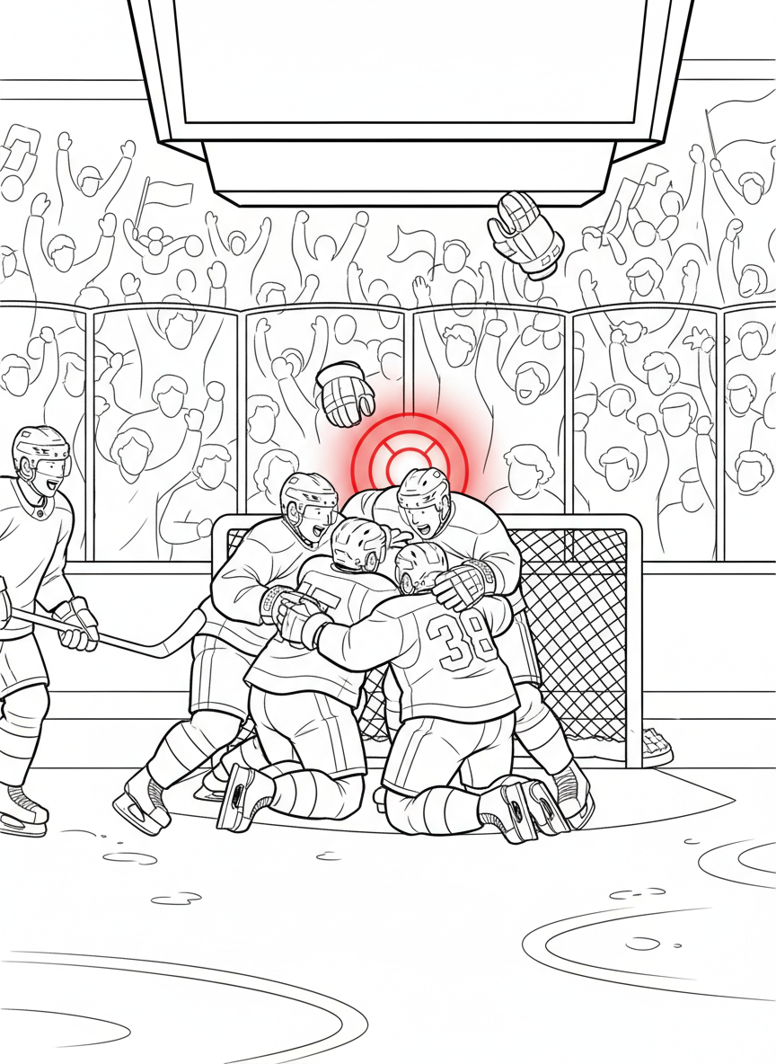 Stanley Cup Finals coloring page prompts capturing intense hockey action, frozen arenas, passionate fans, and championship tradition.	A goal celebration with gloves tossed aside, teammates crashing together near the net while red lights glow behind the goal.