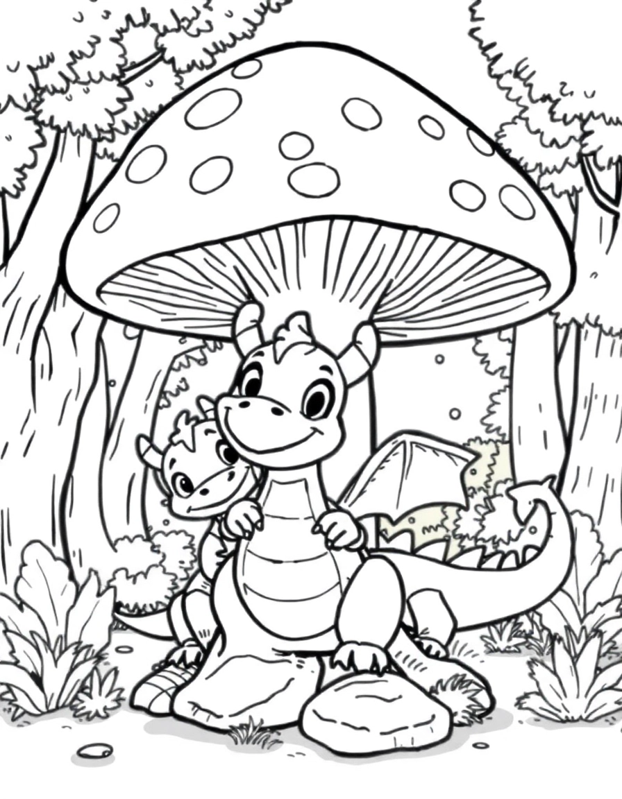 Hide and Seek: Two young, playful dragons playing hide-and-seek in an enchanted forest. One dragon is peeking out from behind a giant, spotted mushroom with a mischievous grin.
