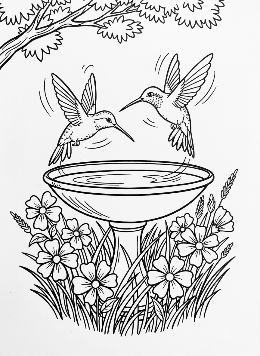 Two hummingbirds playfully chasing each other around a birdbath with flowers and grass at the base