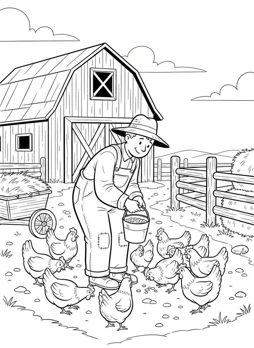 A farmer feeding chickens in a barnyard, wearing overalls and a sun hat, with a barn and fence in the background.