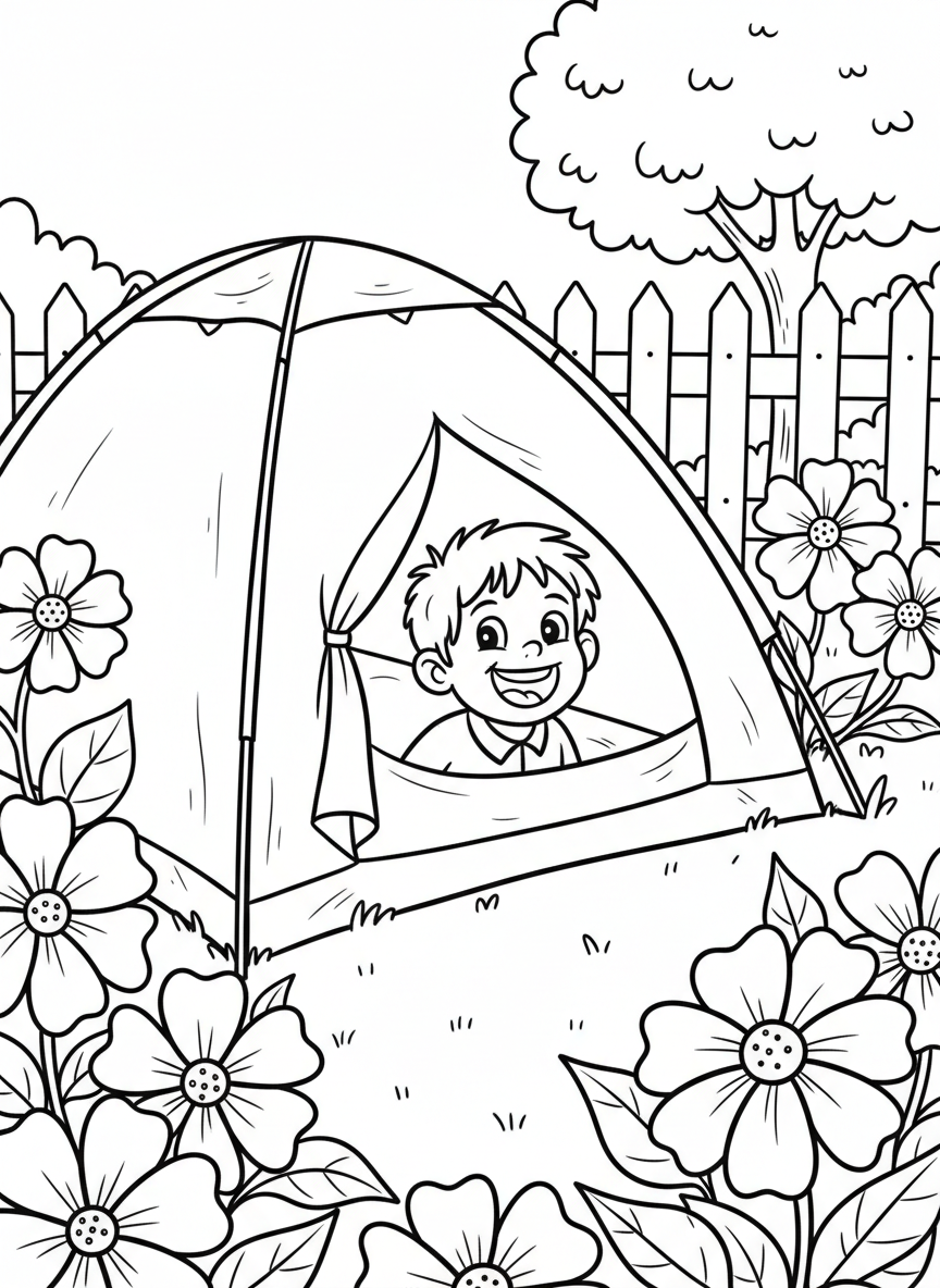 A small dome tent set up in a backyard with a smiling child peeking out, surrounded by flowers and a picket fence in the background.