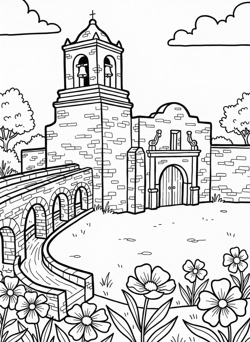 Mission Espada with its bell tower and arched entrance, a water aqueduct in the background, and wildflowers in the foreground, historical scene.