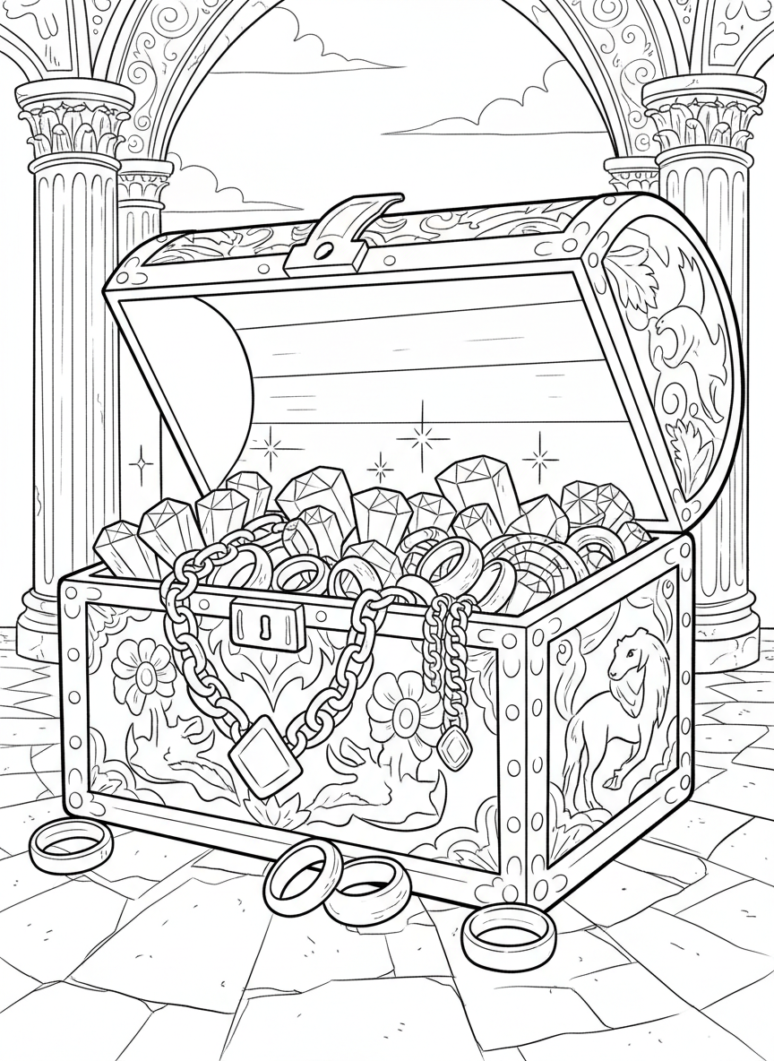 An ornate jewelry box treasure chest with intricate patterns, opened to reveal rings, necklaces, and sparkling gemstones inside