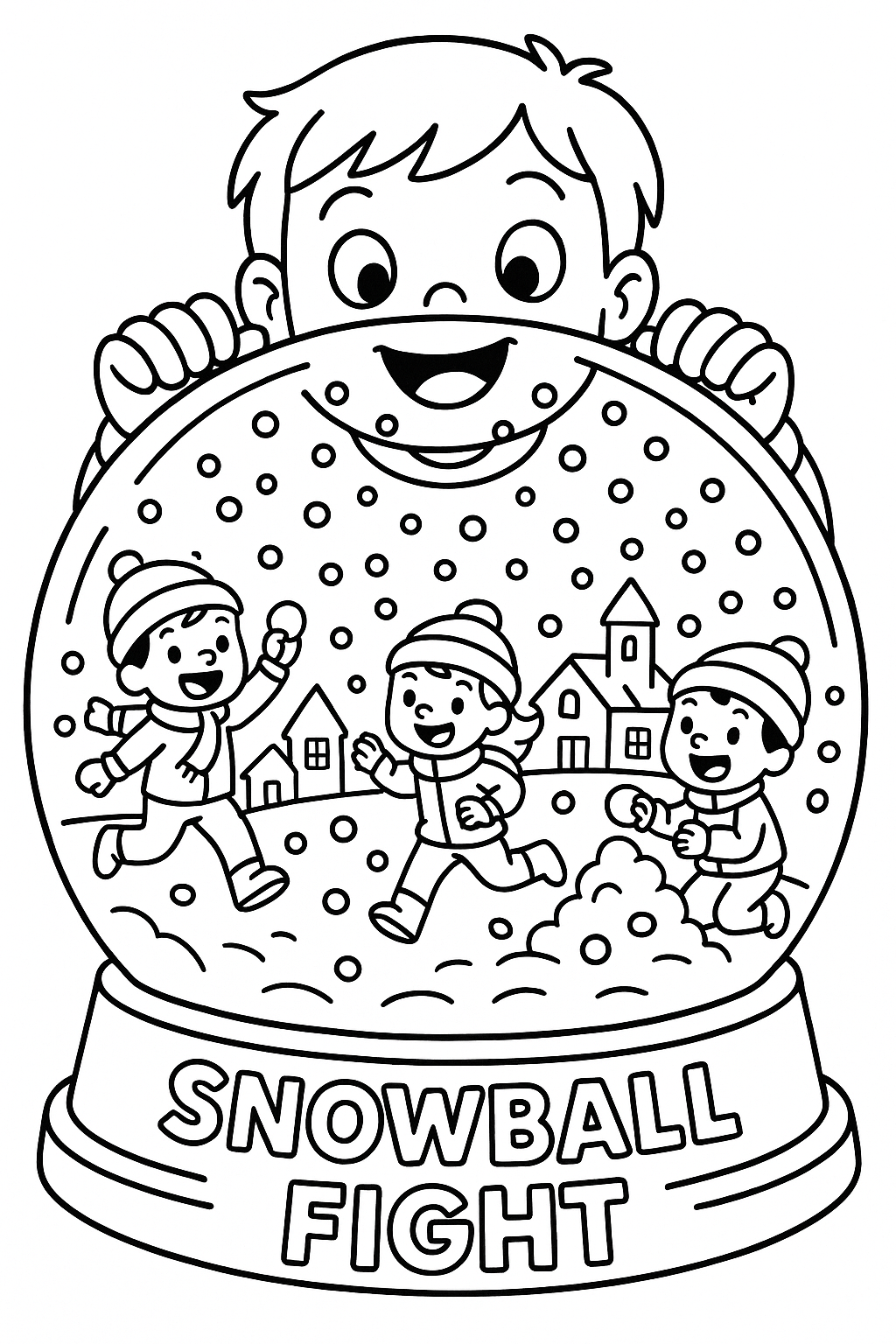 Children trapped inside giant snow globe having snowball fight, miniature Christmas village, shaking snow, giant child looking in, thick outlines, perspective play scene