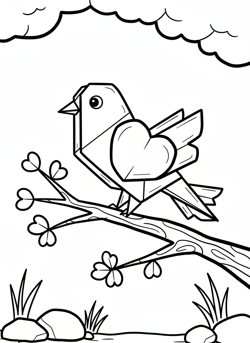 A simple origami love bird made from heart-shaped paper folds, perched on a branch with tiny heart leaves.