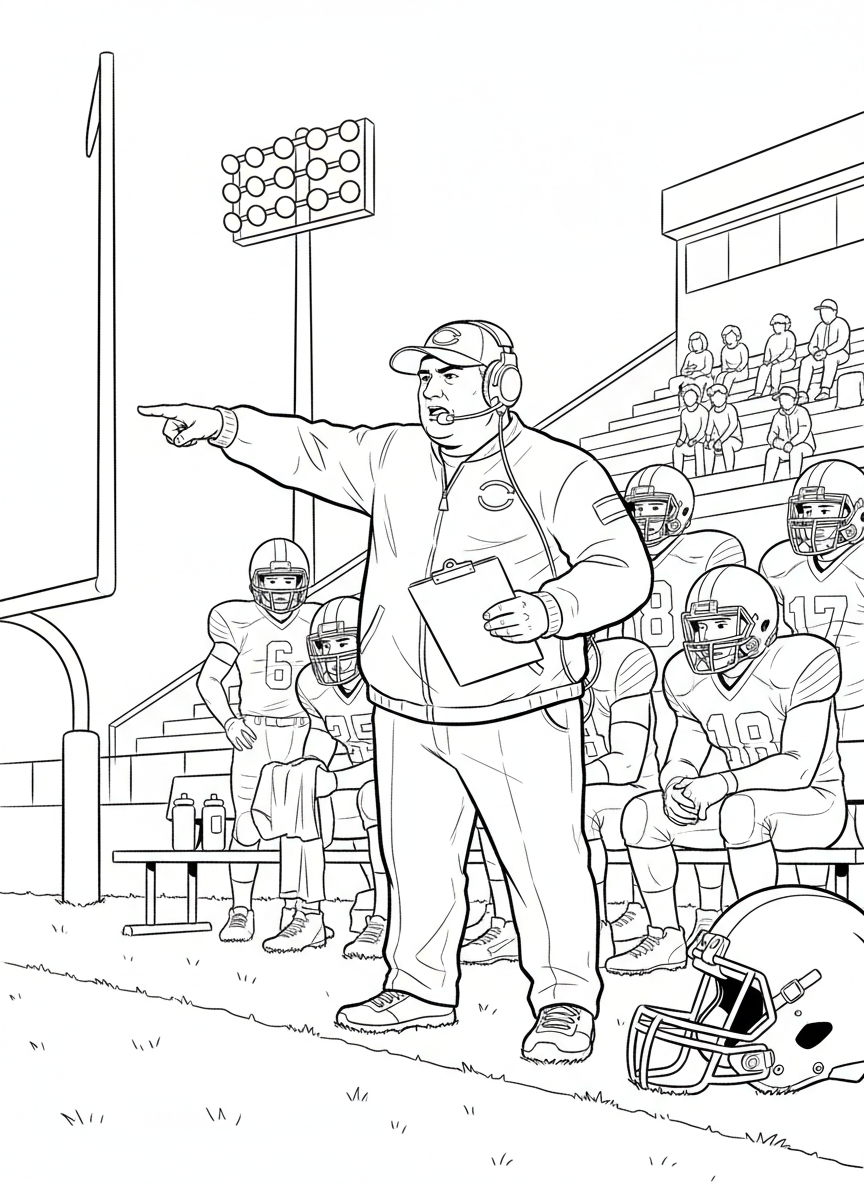 A coach on the sideline holding a clipboard and headset, pointing and giving instructions to the team.