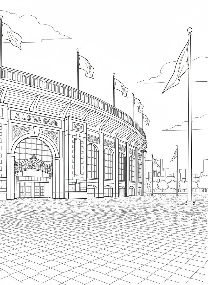 An iconic baseball stadium exterior with flags flying, entrance gates, and a scoreboard showing All Star Game, simple architectural details.