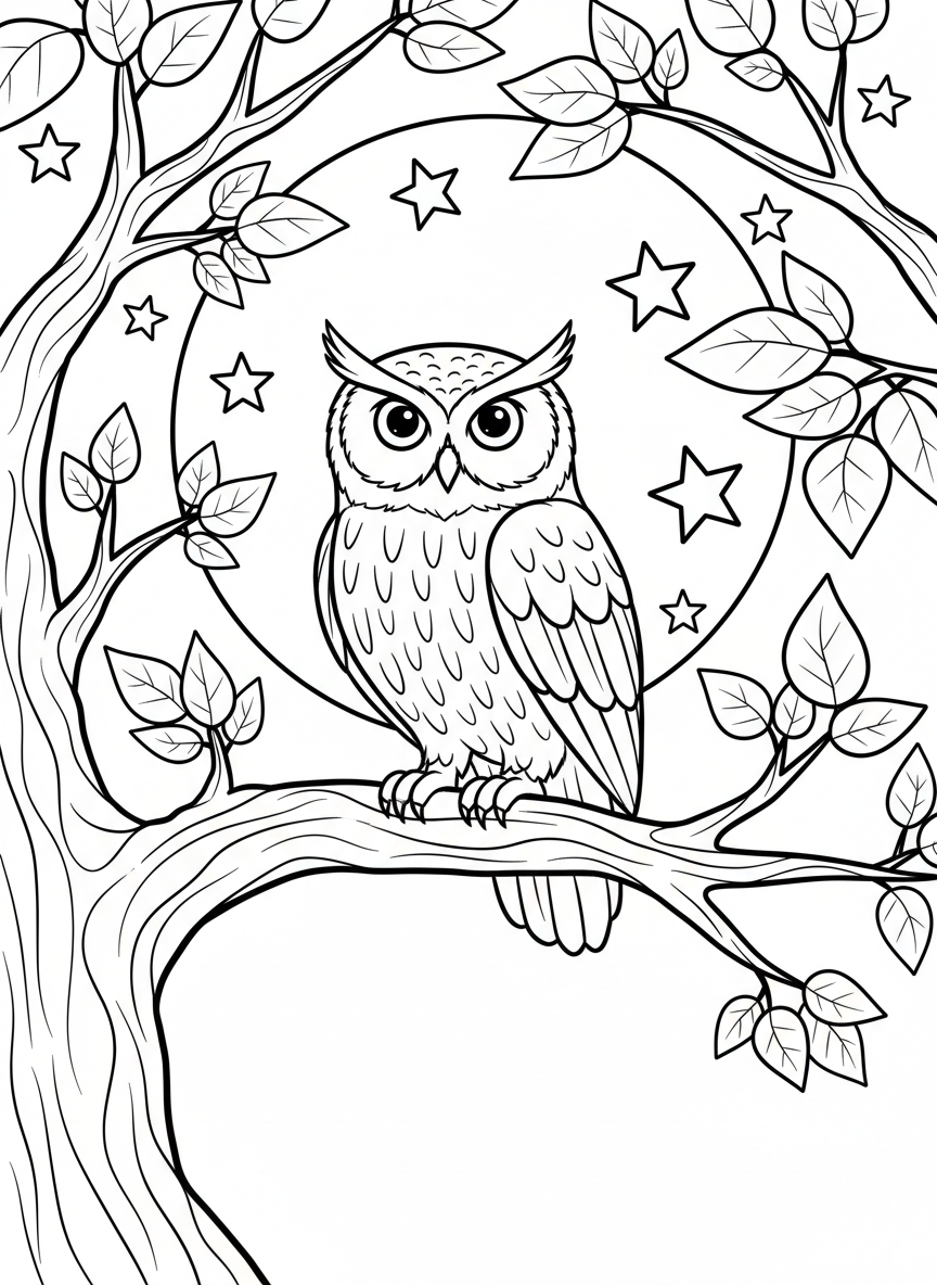 A wise owl perched on a tree branch at night, with a full moon and stars visible through the leaves.