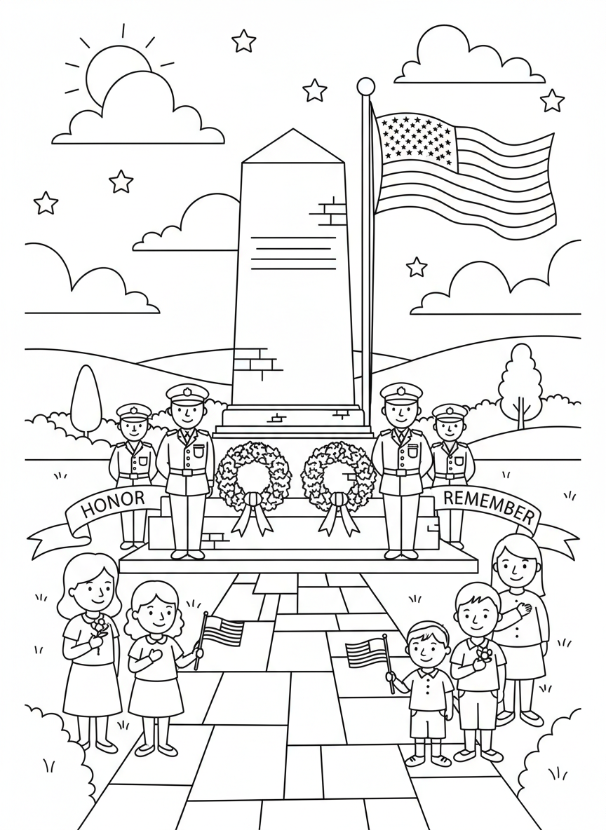 Memorial Day coloring page prompts honoring remembrance, reflection, community gatherings.	A solemn wreath-laying moment at a stone monument, ribbons fluttering softly as an honor guard stands at attention and the atmosphere remains calm and reverent.
