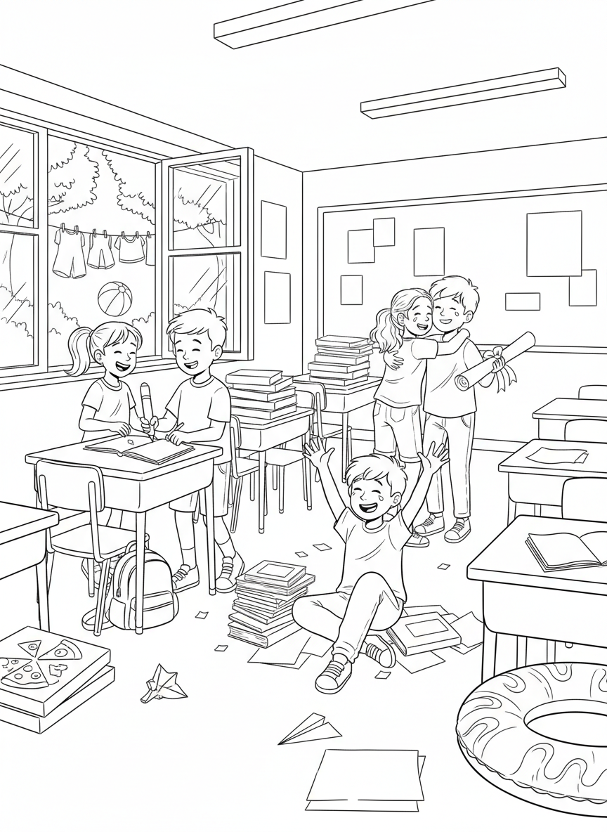 Last Day of School coloring page prompts capturing celebration, relief, nostalgia, and the start of summer freedom.	A classroom scene with desks cleared and posters coming down, students signing yearbooks and sharing memories with friends.