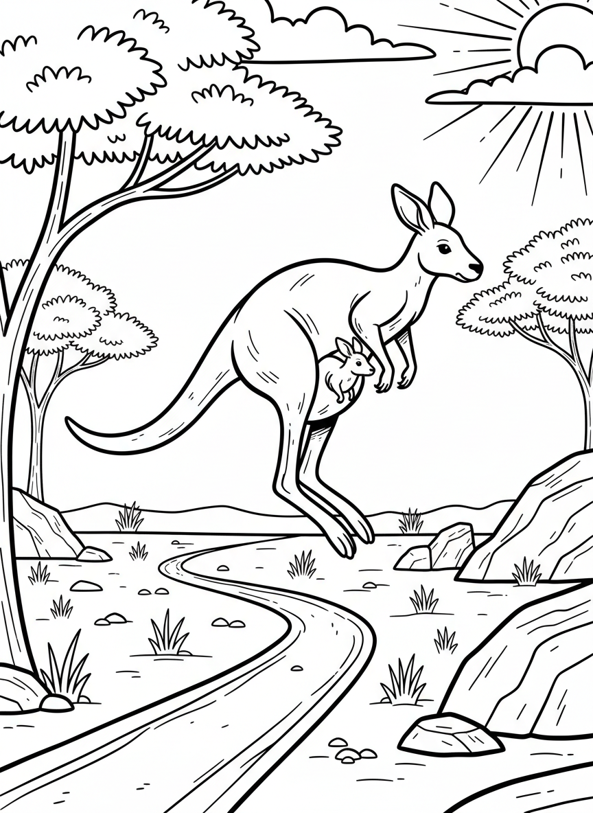 A kangaroo with a joey in its pouch hopping across the Australian outback